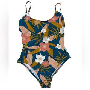 Kona Sol Blue One Piece Swimsuit with Pink Flowers Bathing Suit Floral Cute